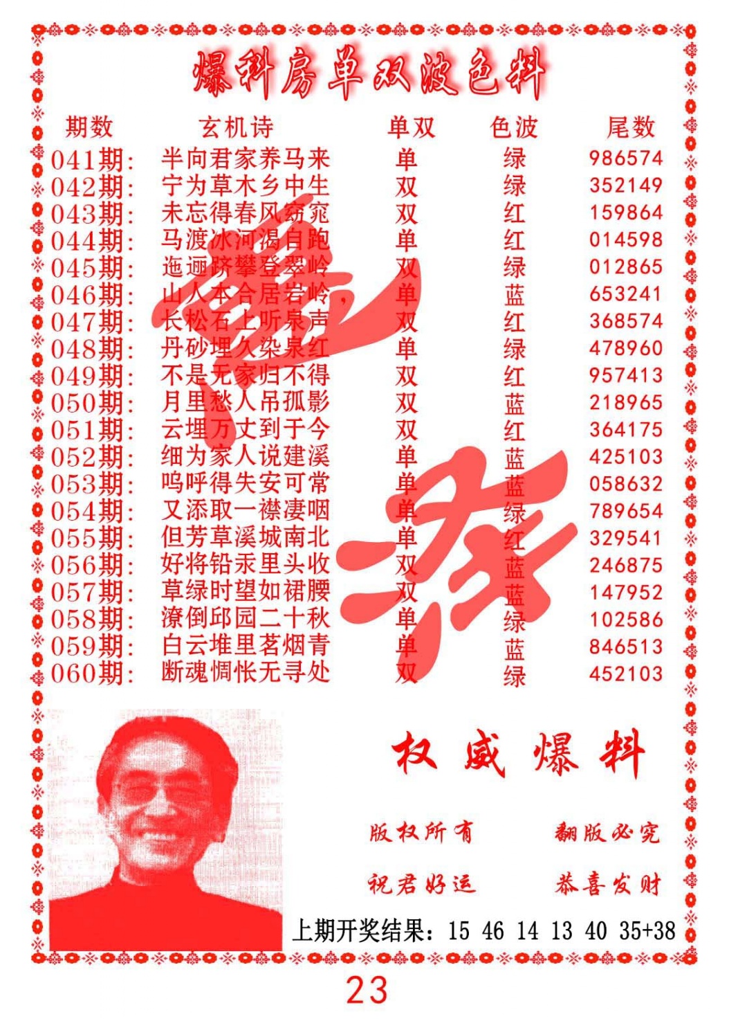 053期爆料房单双波色料[图]